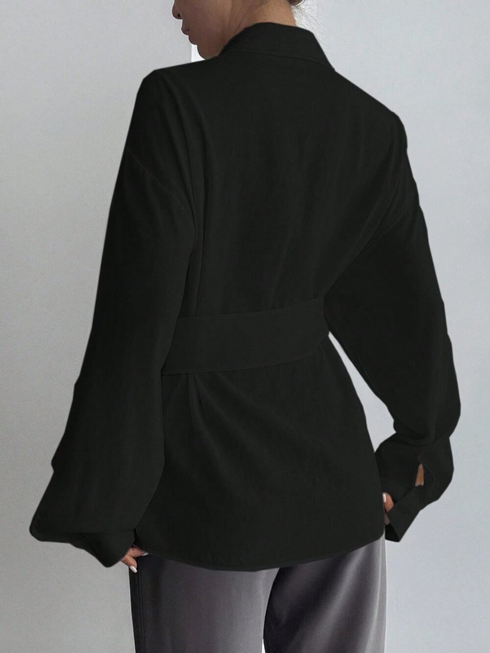 Black Elegant Women's Half-Placket Side Tie Pullover Casual Shirt - Picture 2 of 5
